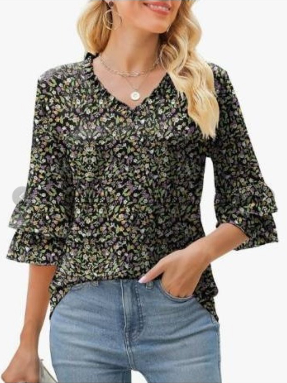 Floral V-Neck Bell Sleeve Blouse Small